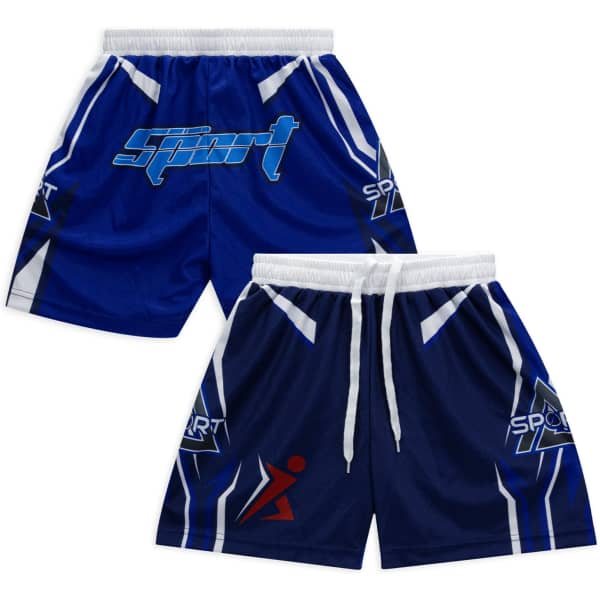 Custom youth active shorts in blue with white accents and a logo, featuring a sporty design on both sides.