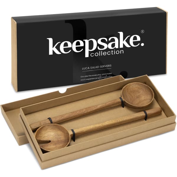 Wooden salad servers in a boxed set, featuring a round scoop and a fork design, presented in a sleek packaging.