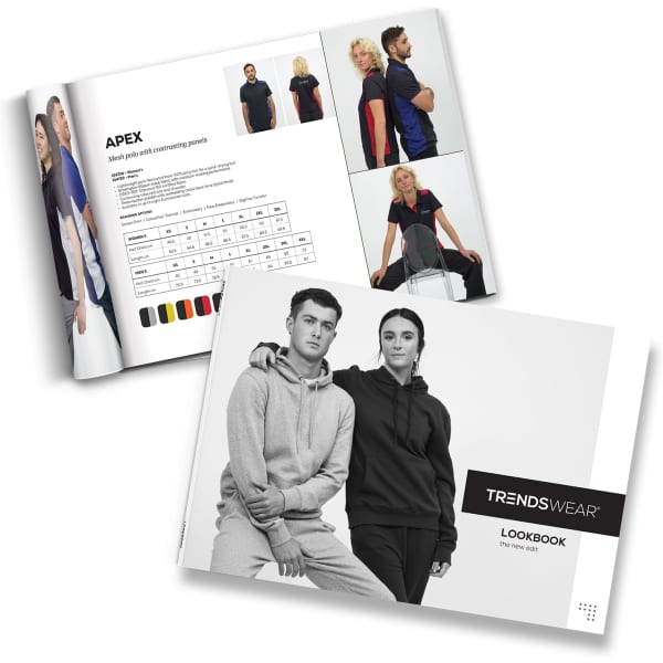 A printed lookbook featuring various models showcasing apparel in multiple colours with a branding logo.