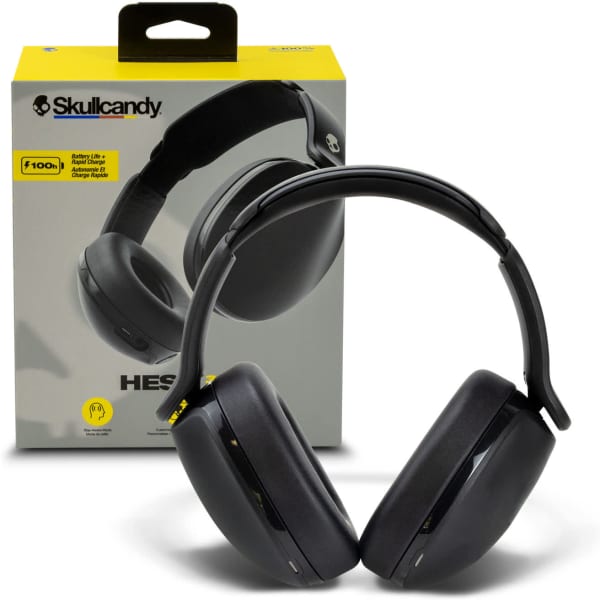 A pair of black Skullcandy Hesh 360 headphones displayed beside their packaging. The packaging has a handle and logo.