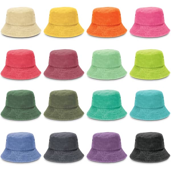 A collection of Bondi Washed Bucket Hats in various colours, including yellow, orange, pink, green, purple, and grey.
