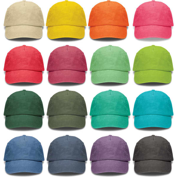 A collection of vintage washed caps in various colours, including yellow, orange, pink, green, red, teal, blue, and purple.