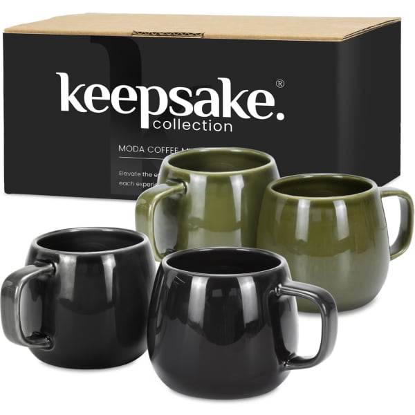 A set of two coffee mugs in black and olive green, presented in a box with branding.