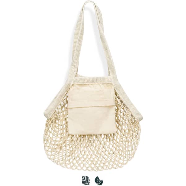 A small cotton mesh tote bag in beige with a solid pocket, featuring a simple design and a shoulder strap.