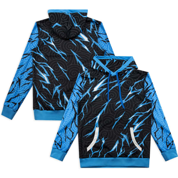 A custom men’s active hoodie featuring a black base with blue lightning designs and a blue hood. It has a logo.