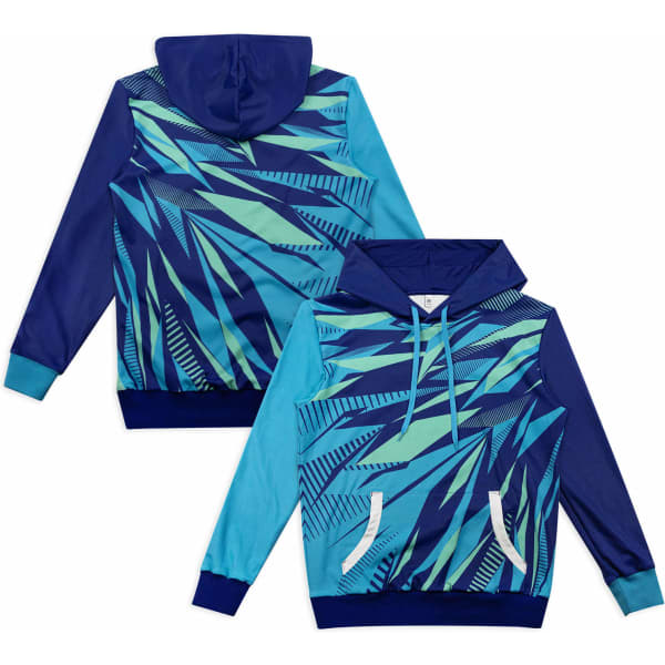 A custom women's active hoodie featuring a vibrant blue and teal geometric pattern with a hood and front pockets.