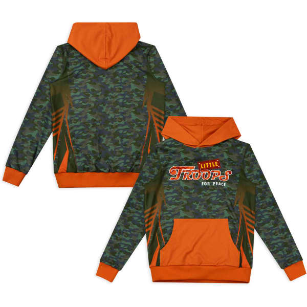 A custom youth active hoodie featuring a camouflage pattern with an orange hood and sleeves. It has a logo on the front.