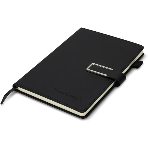 A black diary with a sleek design, featuring a clasp and an embossed logo on the cover.