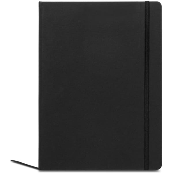 A4 daily diary in black with a simple design, featuring an elastic closure and a bookmark ribbon.