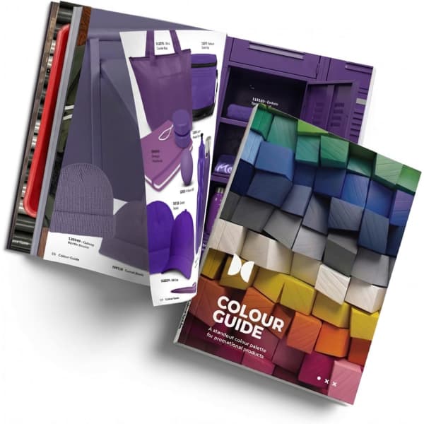 A brochure featuring various colours, including purple and green, showcasing products and a logo on the cover.