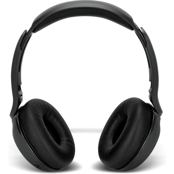 Black wireless headphones with cushioned ear cups and a flexible headband, featuring a logo on the side.