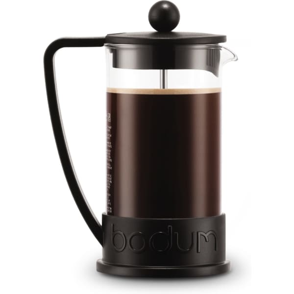 A French press coffee maker in black, with a glass body and a plunger system, featuring a round black knob on top.