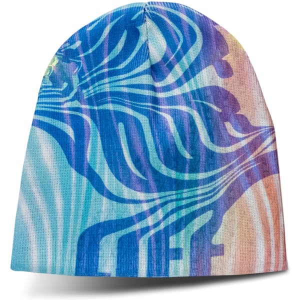 A full-colour beanie featuring a vibrant abstract design in blue, pink, and purple tones. It has a logo.