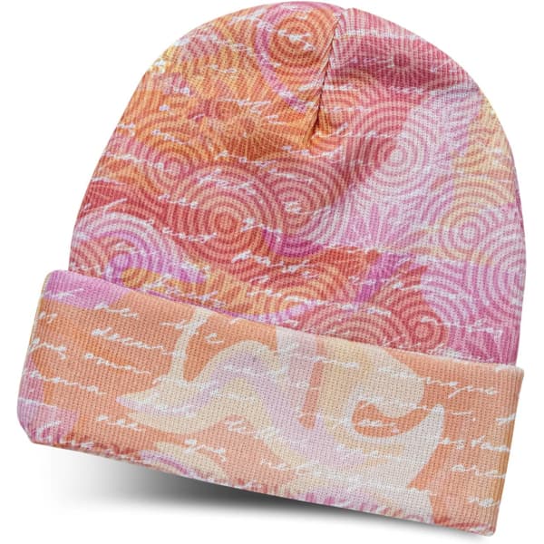 A custom full colour beanie featuring swirling patterns in shades of pink, orange, and white, with a fold-over brim.