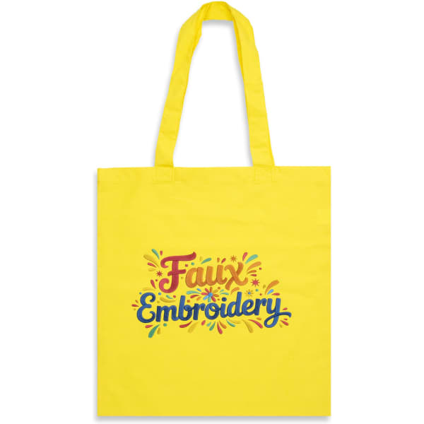 A yellow tote bag featuring faux embroidery design elements and a logo.