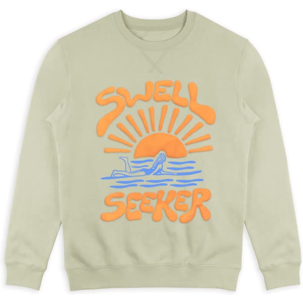 A light green unisex sweatshirt featuring a puff print design with a sun and waves, and a logo.