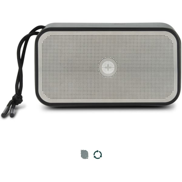 A compact grey and silver Bluetooth speaker with a textured speaker grille and a carrying strap.