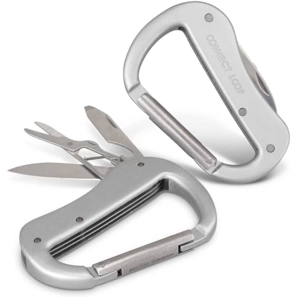A silver carabiner multi-tool featuring scissors, a screwdriver, and other small tools. It has a logo on its side.