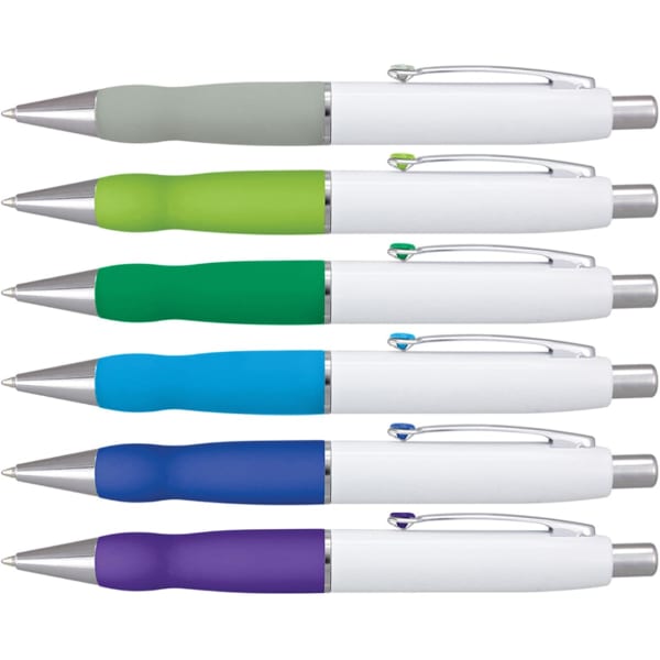 A collection of six metal pens with white barrels in grey, green, blue, turquoise, and purple accents. Each has a clip.