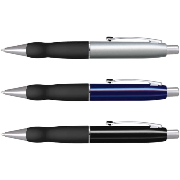 A set of three metal pens in silver, blue, and black with rubber grips and chrome accents. Each pen features a clip and a logo.