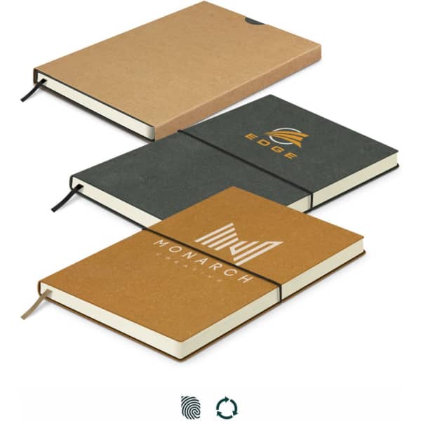A set of three soft cover notebooks in brown, green, and a light brown, each featuring different logos on the covers.