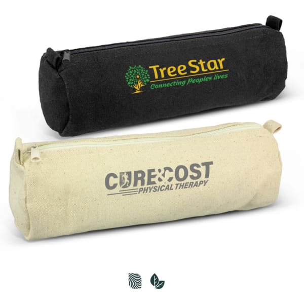 A black and a cream pencil case, each featuring a logo, with zip closures.