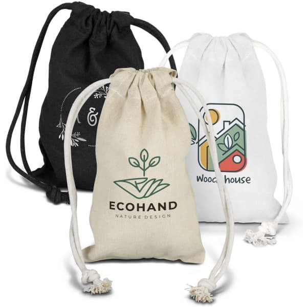 A small cotton gift bag in black, white, and natural colours with drawstring closures and logos.