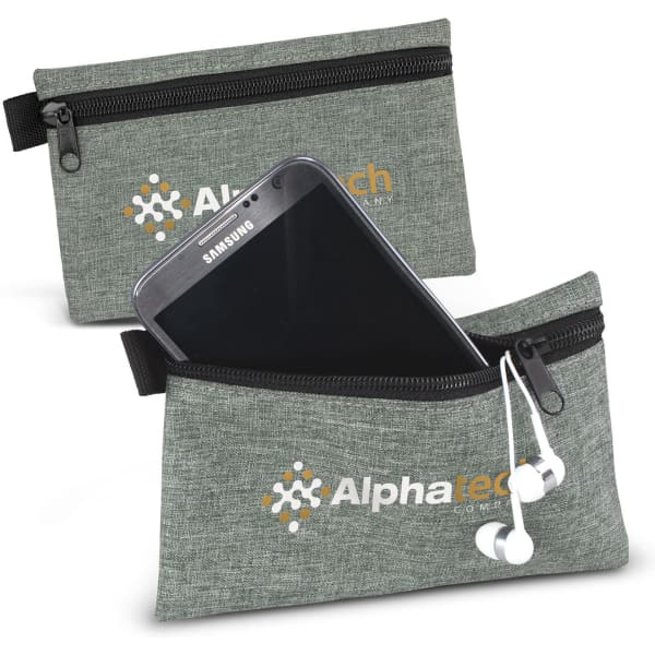 A grey tech pouch featuring a zippered compartment, holding a smartphone and earphones, with a logo on the front.
