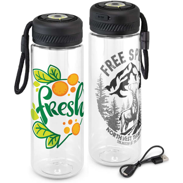 A drink bottle with a transparent design, featuring colourful fruit graphics, a black lid, and a USB charger.
