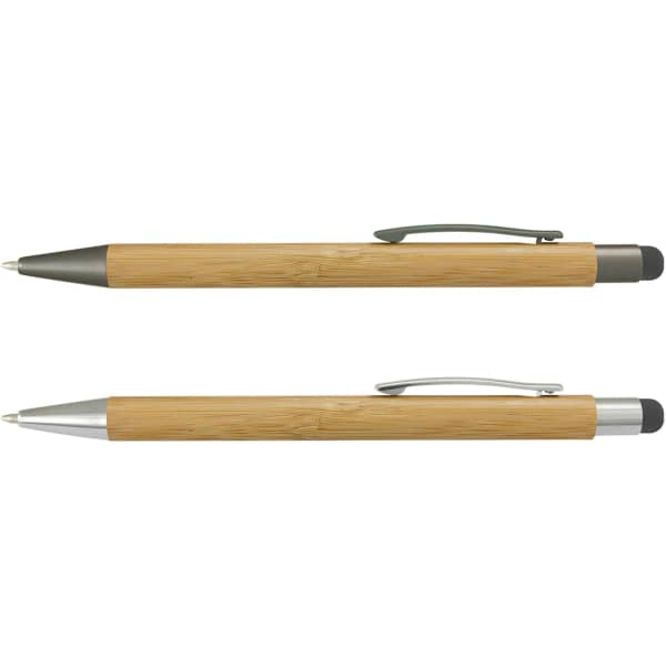 A bamboo stylus pen in natural tones, featuring silver accents and a clip for easy attachment.
