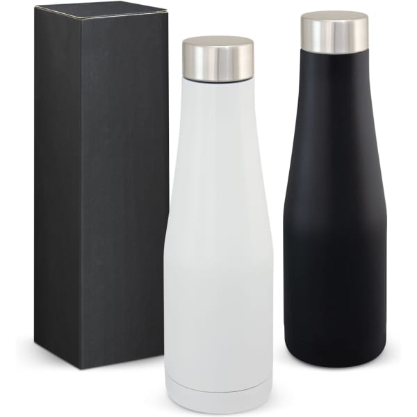 A drink bottle set featuring a white and a black vacuum bottle, presented in a black box. Each bottle has a metallic lid.