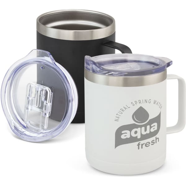 A drink bottle set featuring a black cup and a white cup with a clear lid, both with stainless steel accents.