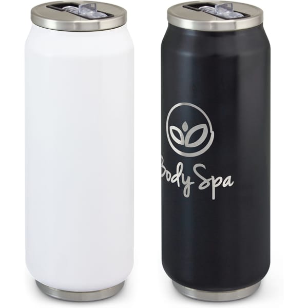 A drink bottle set featuring a white and a black canister vacuum bottle, each with a metallic lid and branding.