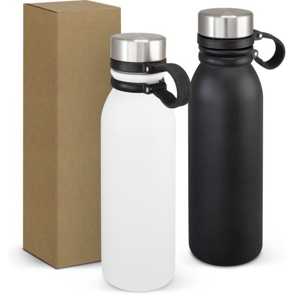 A drink bottle set featuring a white and a black vacuum bottle with stainless steel lids, packaged in a brown box.