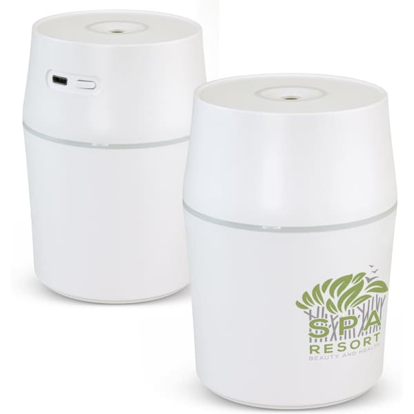 Aroma diffuser in white with a rounded design and a logo on one side. Features a USB port.