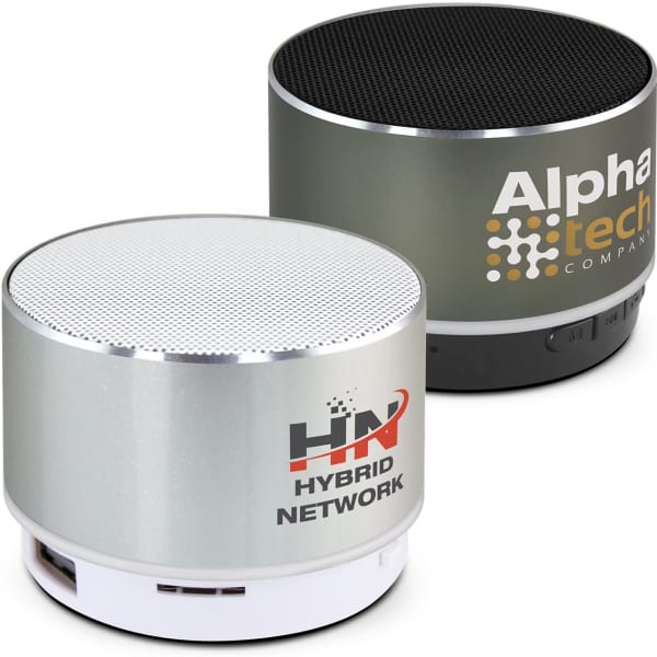 Two Bluetooth speakers in silver and black, featuring distinctive branding on each.