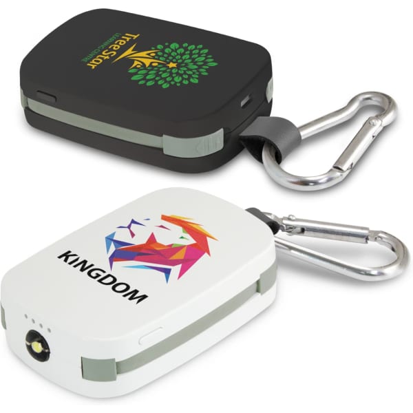 A black and white power bank featuring logos, with a carabiner for attachment. Each has a sleek, compact design.
