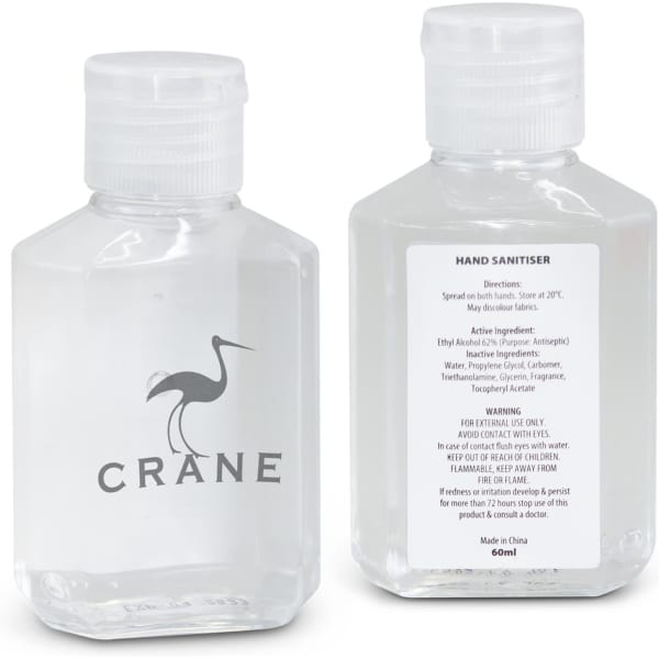 A clear, rectangular bottle of hand sanitiser gel, featuring a logo and a white flip-top cap. Contains 60ml.