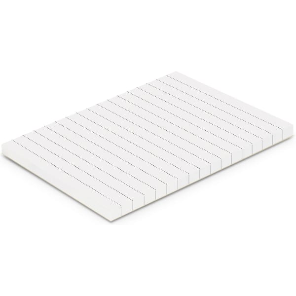 A notepad with a white cover and lined pages, featuring a simple design and a branded logo.
