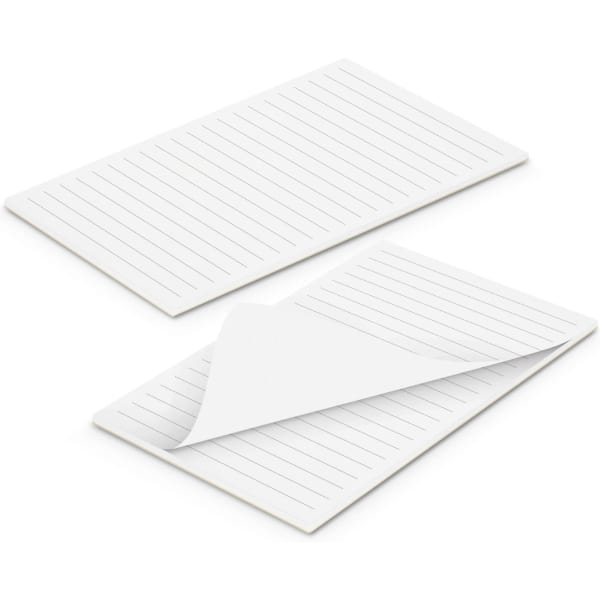 A white office note pad featuring lined pages, measuring 90mm x 160mm, with a branding logo visible.