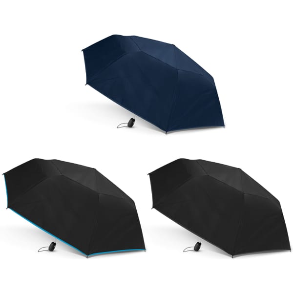 Three umbrellas in navy blue and black, featuring a sleek design and a logo on the handle.