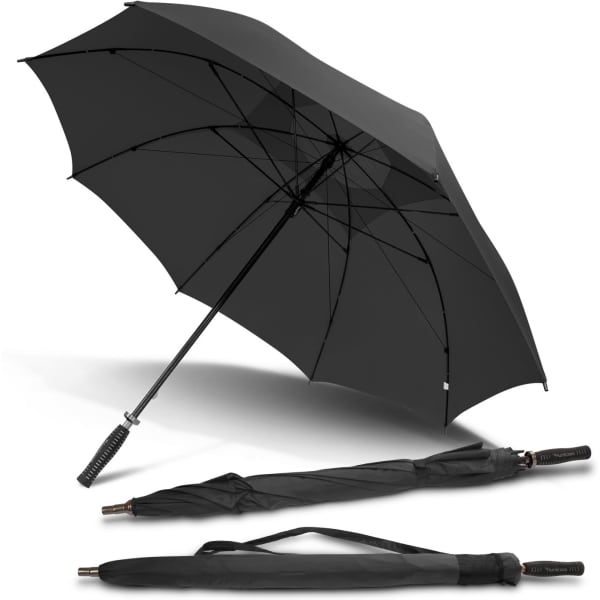 A black mini umbrella with a smooth handle, displayed both open and in a closed position, featuring a logo.