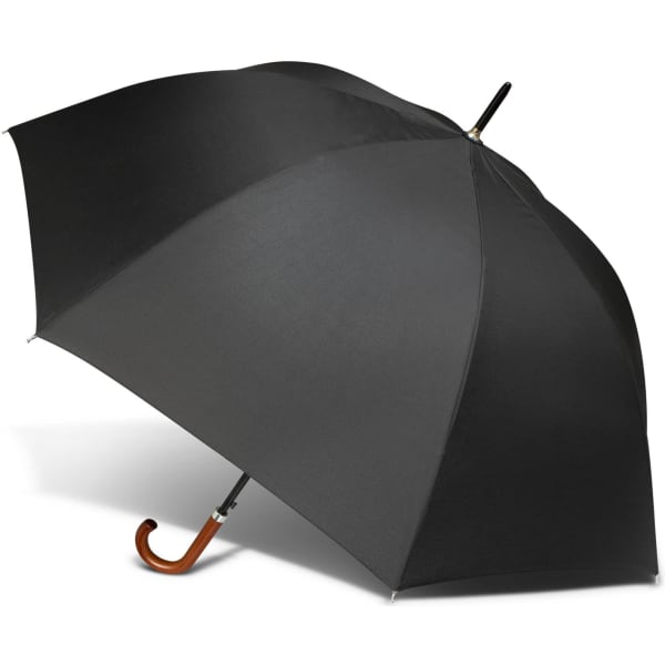 A black executive umbrella with a wooden handle, featuring a sleek and modern design.