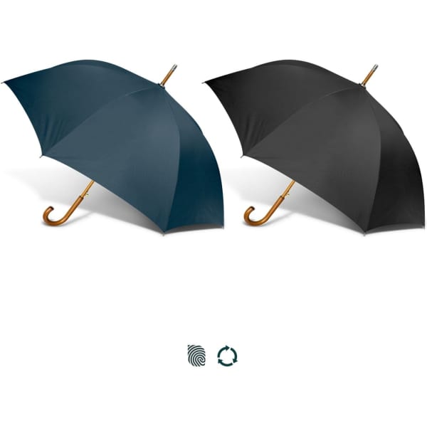 Two umbrellas are displayed: one in teal and one in black, both featuring wooden handles and a logo.