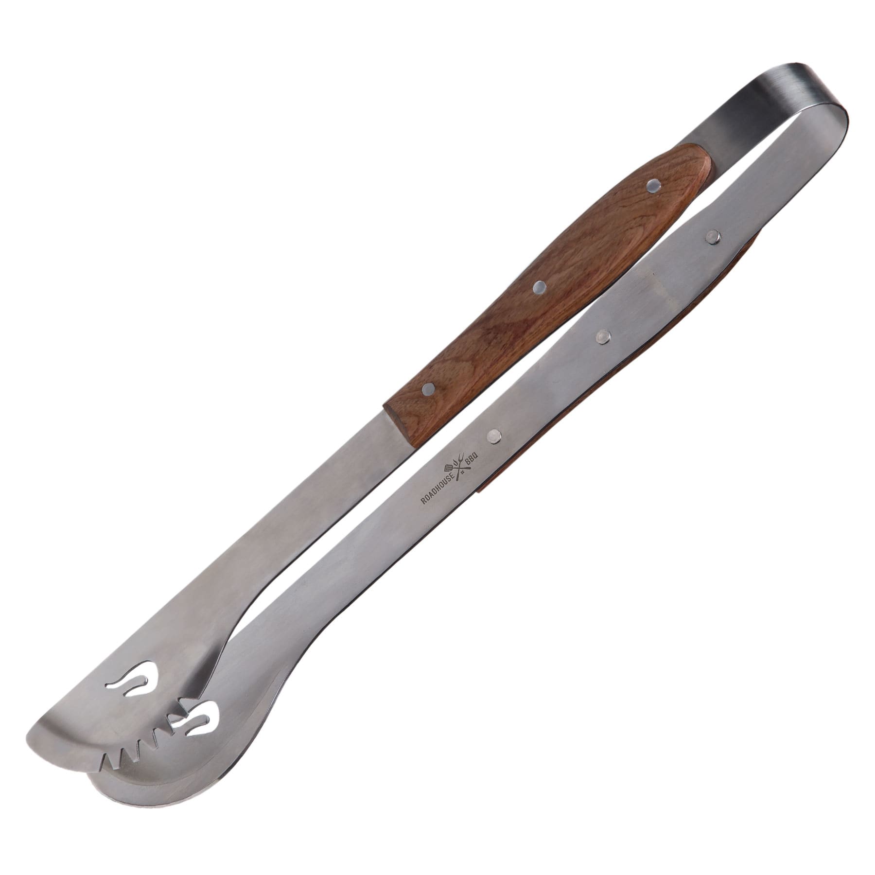 Stainless steel BBQ tongs with a wooden handle and a logo on the side.