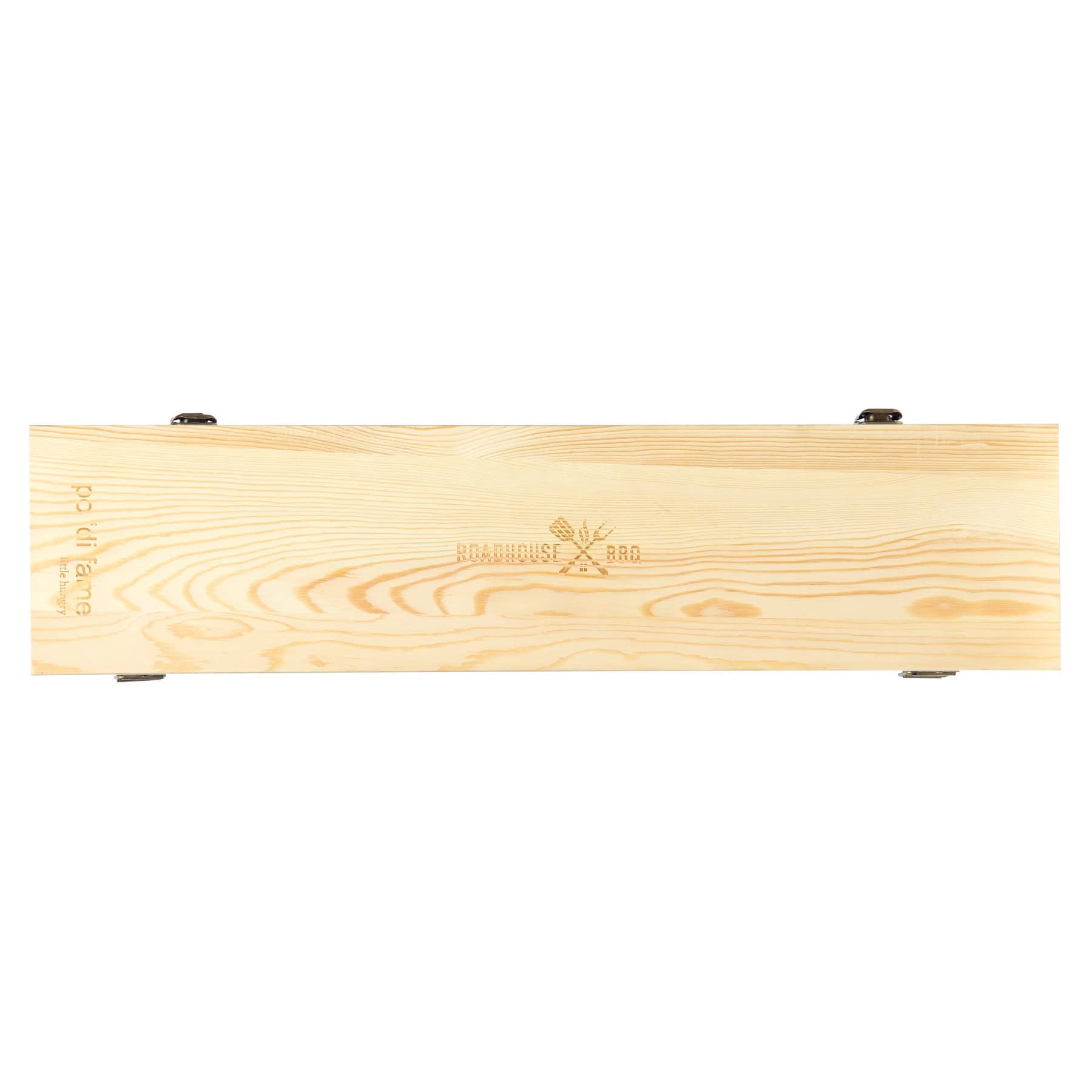 A wooden box featuring a hinged lid, marked with a logo for "Roadhouse BBQ". Natural wood colour.