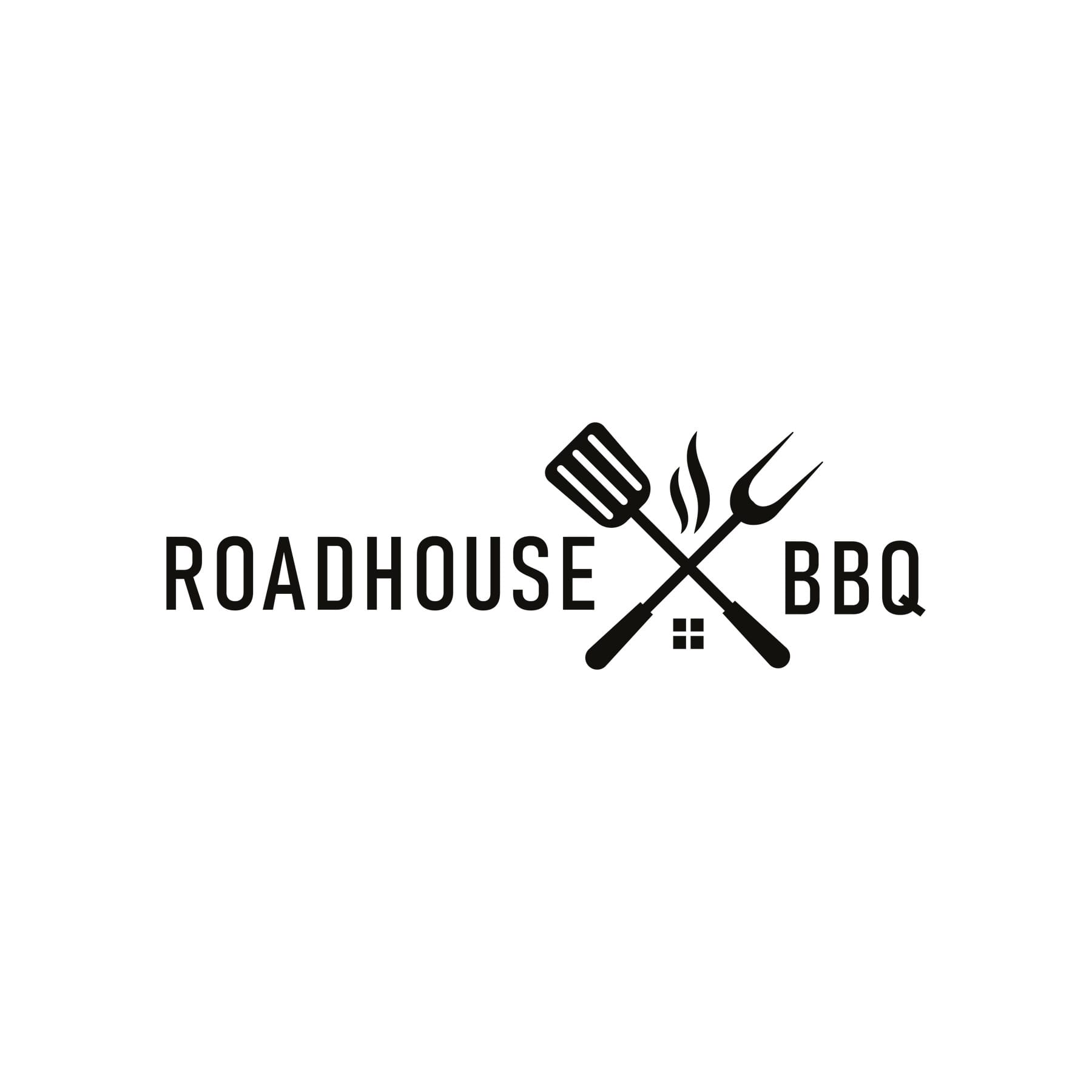 A set of black BBQ tongs featuring a logo with a spatula and fork crossed over a flame design.