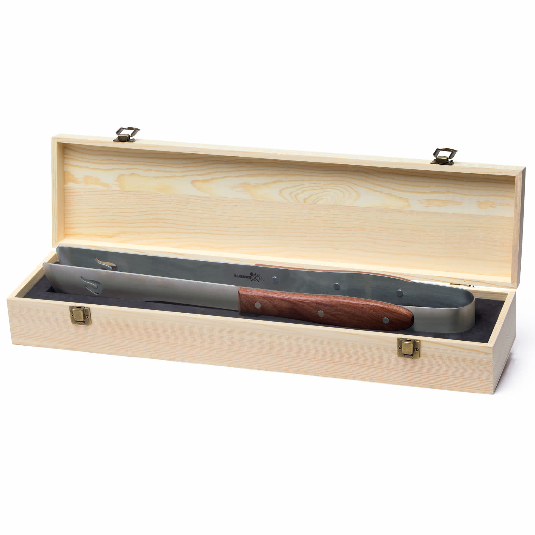 A pair of stainless steel BBQ tongs with a wooden handle, presented in a wooden box. The box has a smooth finish.