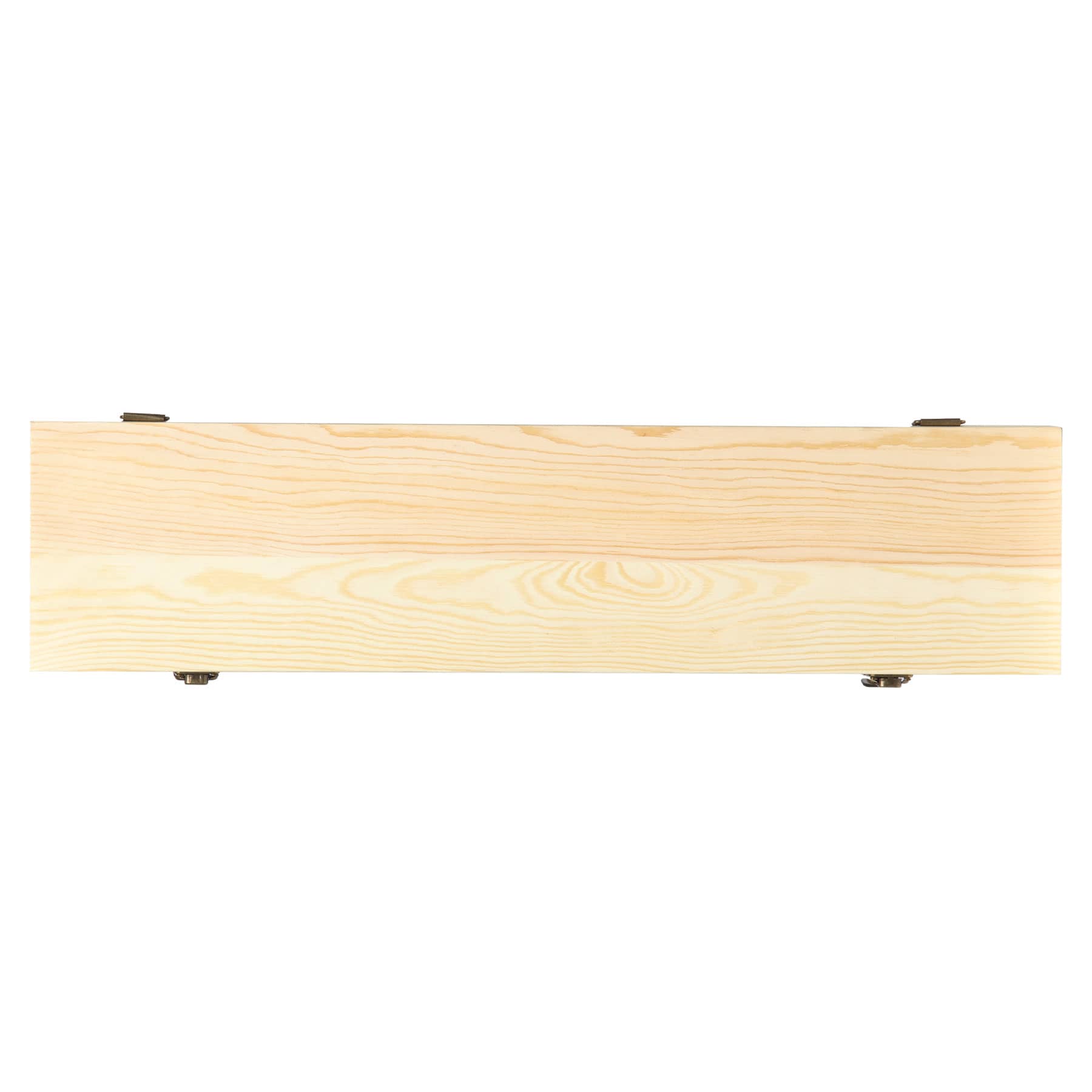 A wooden product with a light natural finish and visible grain, featuring metallic fixtures on either end.