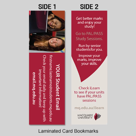 A set of laminated bookmarks, featuring a mix of red and white, displaying images of students and study session information.